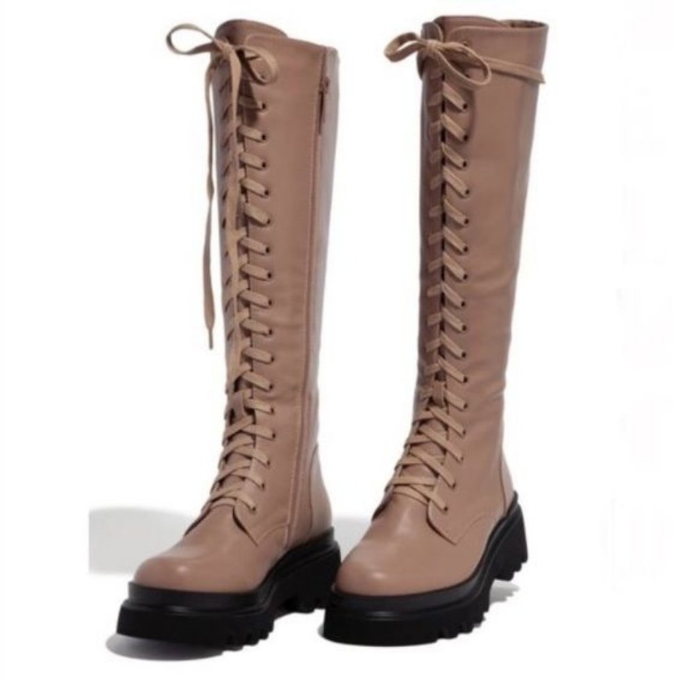 !! NEW !! Knee High Lack Up Combat Boots with Side Zip in Taupe - Picture 2 of 8